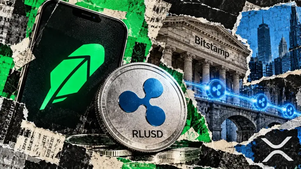 RLUSD token and Robinhood smartphone stand before a bridge leading toward Bitstamp, with a financial network beneath.