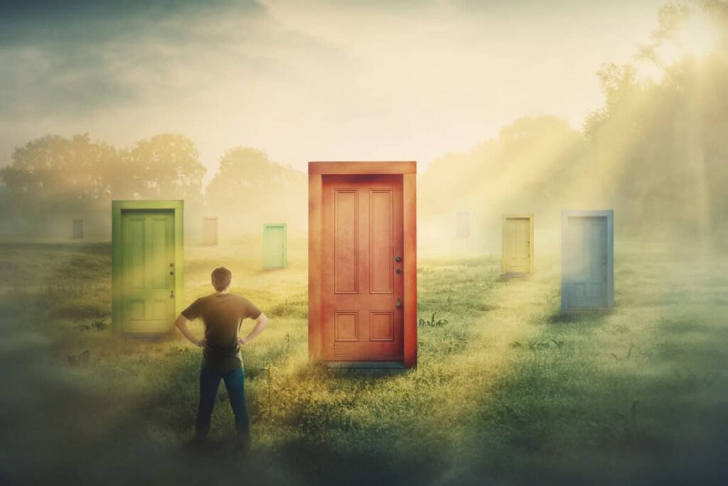 Canadian investor contemplating U.S. stocks with multiple doors to choose from.